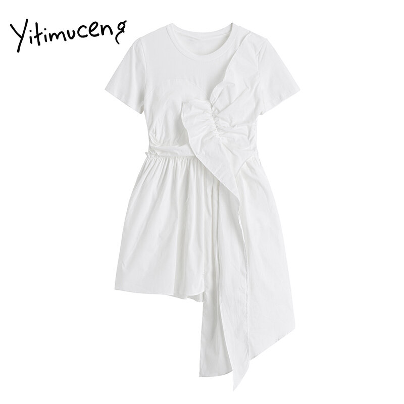 Yitimuceng irregolare falso 2 pezzi abiti donna estate increspature vita alta o-collo bianco nero 2021 moda coreana nuovo prendisole