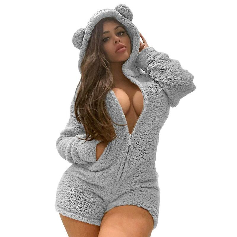 2020 new  Women's Faux Fur Jumpsuit Long Sleeve Zipper Pocket Furry Hooded Bodysuit Solid Color Warm Fluffy Outdoor Clothing