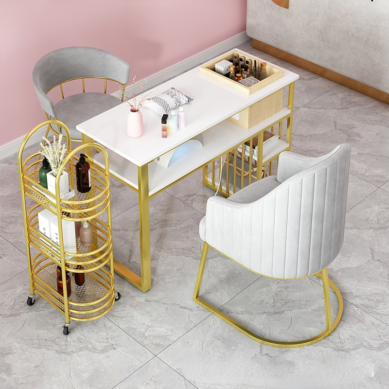 Mesa y silla de madera sólida de doble capa, combinación de tienda de uñas con cajones, mesa de uñas económica, juego de mesas doradas