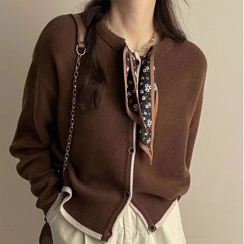 2021 Autumn New Korean Style Fashion Solid Color Knitted Cardigan Women's Round Neck Knit Sweater Loose Casual Female Clothing
