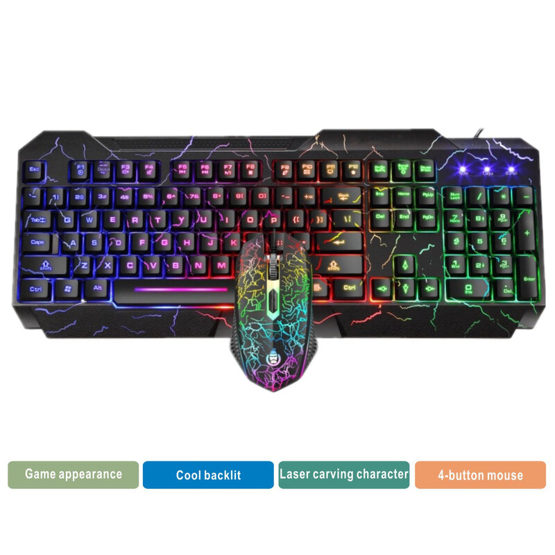 Juego de teclado y ratón LED luminoso para juegos, con cable USB, retroiluminación, resistente al agua, multimedia, para PC