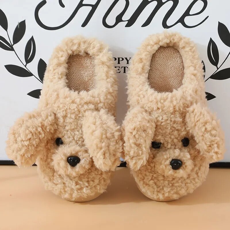 Sandal Lembut Dalam Ruangan Musim Dingin untuk Wanita Anak Hewan Lucu Gaya Teddy Anjing Bulu Geser Musim Gugur Rumah Orangtua Berbulu Sandal