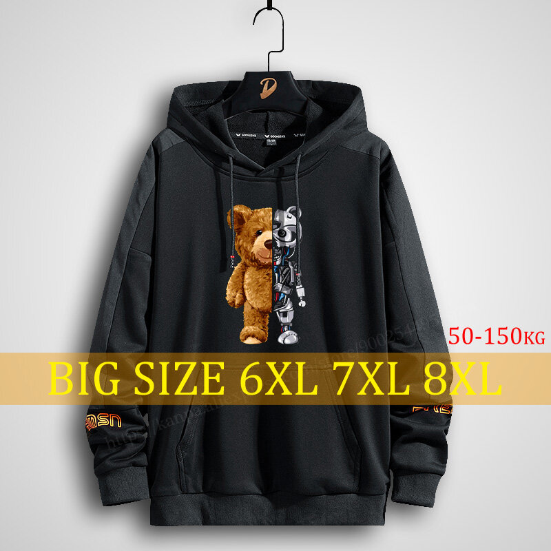 Hoodie Pria Ukuran Plus Motif Anime Pria/Wanita Harajuku Streetwear Pakaian Besar Gaya Panjang Bertudung Beruang Hitam 8xl 6xl 4xl