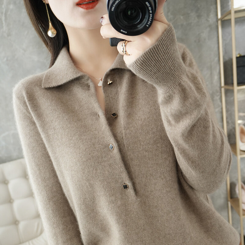 Sweater Kasmir Wanita 2021 Musim Dingin Baru 100% Sweter Kerah Turn-Down Wol Pakaian Rajut Kasual Ukuran Plus Warna Solid Longgar Atasan Wanita