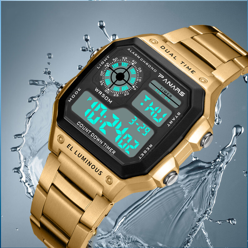 Panars relógio digital masculino negócios 5bar pulseira de aço inoxidável à prova dwaterproof água relógio de pulso dos homens presentes relogio masculino novo