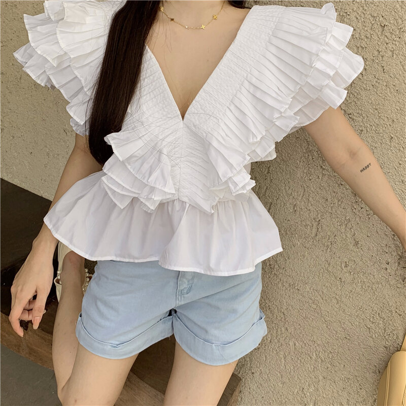 2021 temperamento coreano moda Chic estate cascata increspature camicetta donna elegante scollo a v dolce Chic camicie top