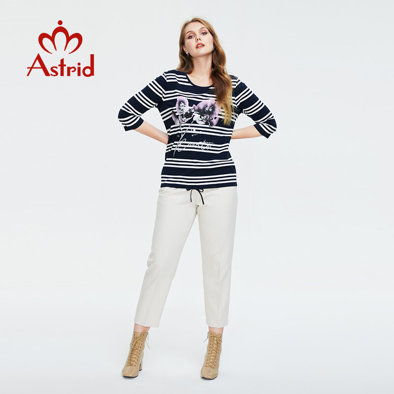 Astrid frauen t-shirt 2022 Baumwolle Top Weibliche Plus größe streifen Kleidung Vintage-Mode Druck Trends Kordelzug Oansatz Tees