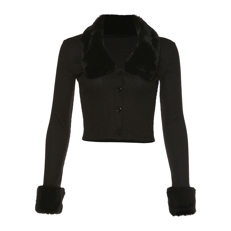 Camiseta negra de manga larga para mujer, blusa esponjosa con botones y cuello vuelto, Top corto cálido, Tops informales elásticos ajustados