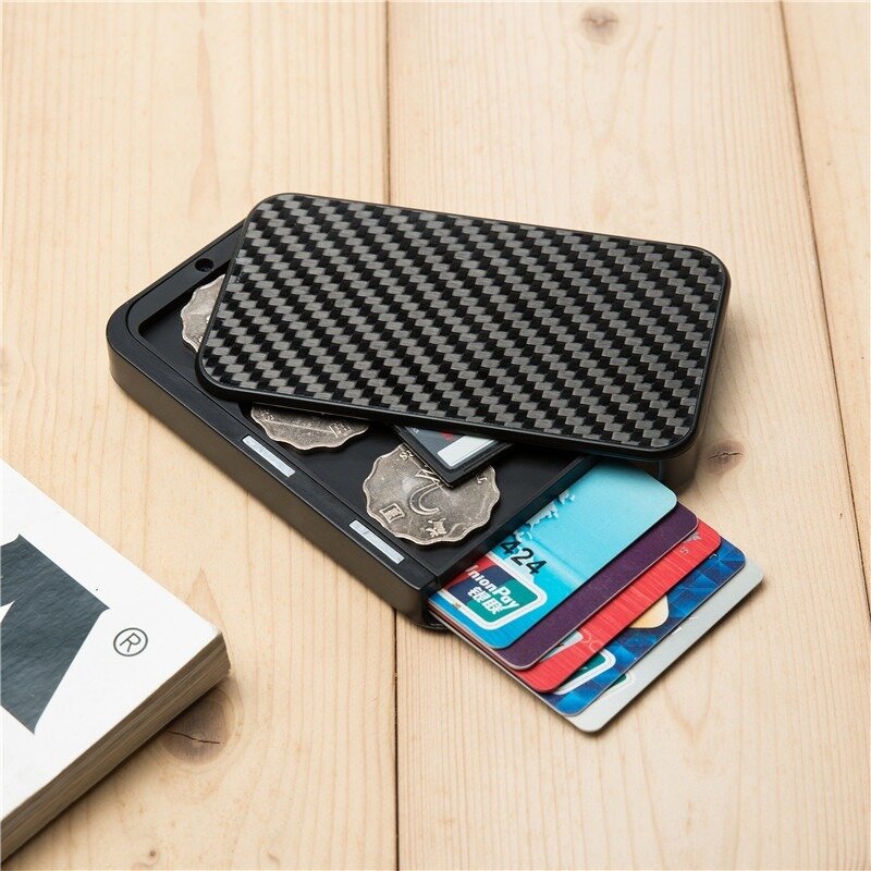 YAMBUTO 2021 z włókna węglowego inteligentny portfel RFID blokowanie portfel bezpieczeństwa aluminiowy uchwyt na karty Cartera monety kiesy Dropshipping