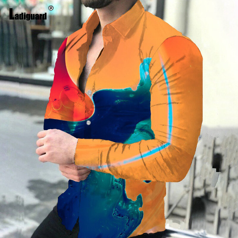 Ladiguard Kemeja Elegan Pria Ukuran Plus Blus 2022 Musim Semi Mode Baru Atasan Dasar Blus Cetak 3D Digital Baju Kasual
