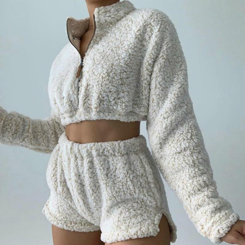 Echoine Winter Faux 모피 모피 트랙 슈트 세트 여성 자르기 탑 지퍼 자켓 및 반바지 Two Piece Set Sweatshirt Club Outfits New