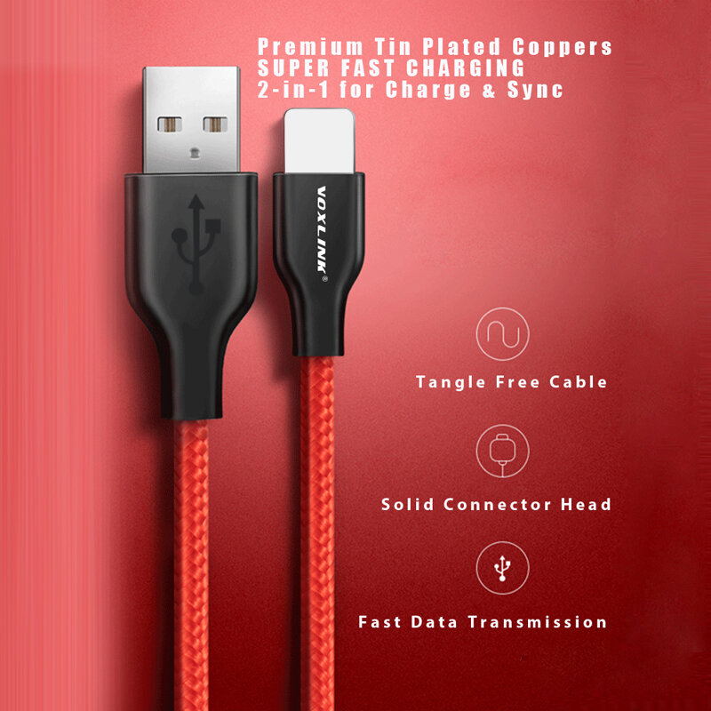 VOXLINK-Cable USB de nailon trenzado para iphone, Cable de sincronización de datos de carga rápida para iphone X, XS, XR, xs max, 8, 8Plus, 7, 6, 6s, ipad mini