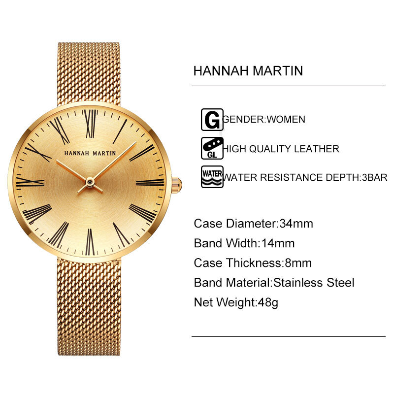 هانا مارتن-ساعات كوارتز نسائية ، ساعة فاخرة مقاومة للماء من الفولاذ ، غير رسمية ، ذهبية