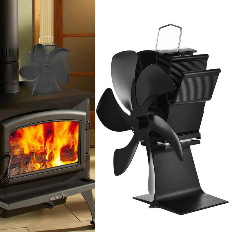 Ventilador de chimenea negra de 6 aspas para el hogar, estufa alimentada por calor, quemador de leña, respetuoso con el medio ambiente, silencioso, distribución eficiente del calor en invierno