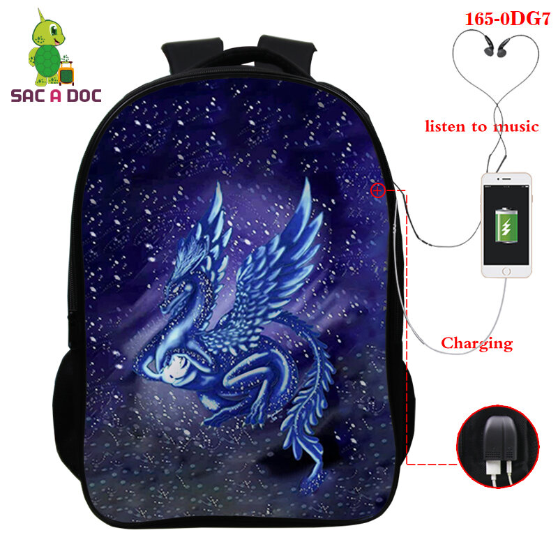 Mochila escolar con estampado de dragón para adolescentes, niñas y niños, morral impermeable con puerto de cargador USB 3d, mochilas escolares
