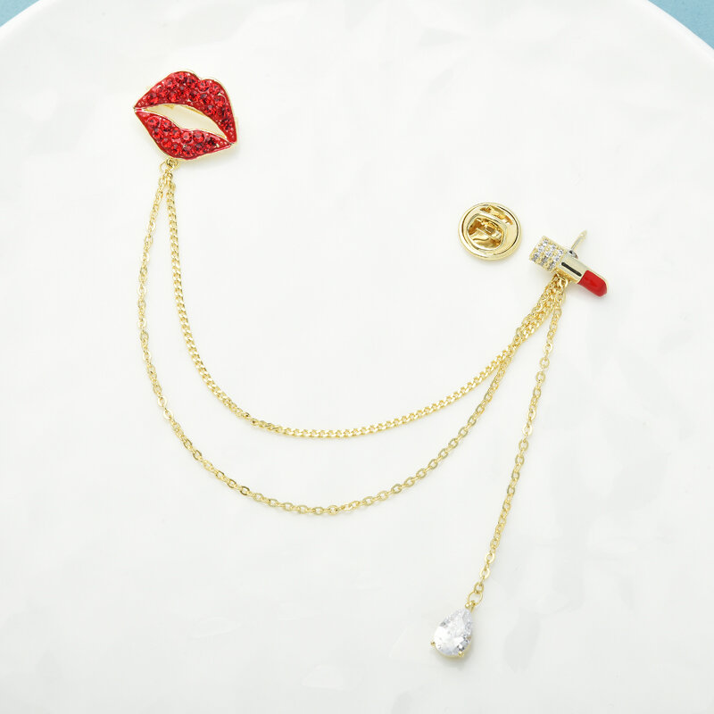Wuli & baby-broches con cadena para boca y pintalabios para hombre y mujer, broches con diamantes de imitación, para fiesta, oficina, regalos
