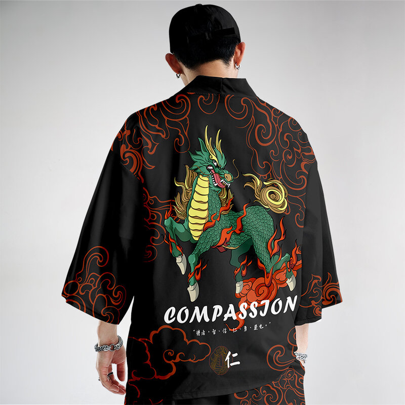 Moda nero stampa Streetwear Kimono e pantalone Cardigan Robe Haori Obi abiti tradizionali giapponesi per uomo
