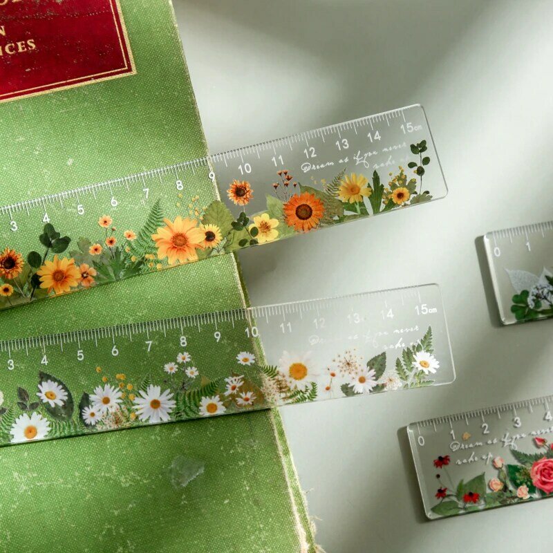 15 cm Transparent Acrylic Ruler Bullet Journaling Accessories Aesthetic Flowers Daisy Tulip Rose Sunflower Student Stationery