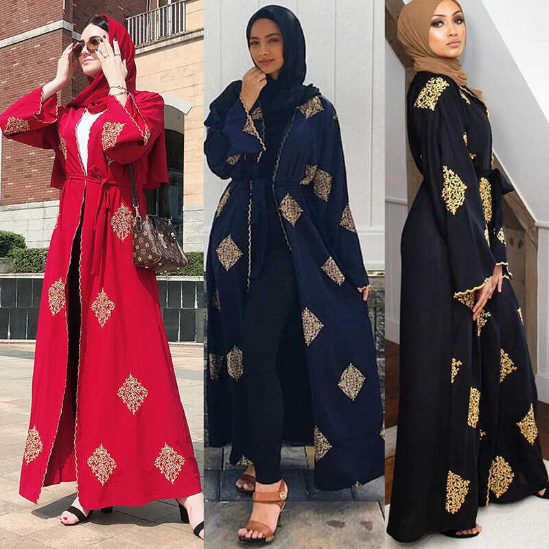 เปิดดูไบAbaya Kimono CardiganมุสลิมHijab Kaftan AbayasอิสลามสำหรับสตรีCaftan Marocainกาตาร์Robe Musulman