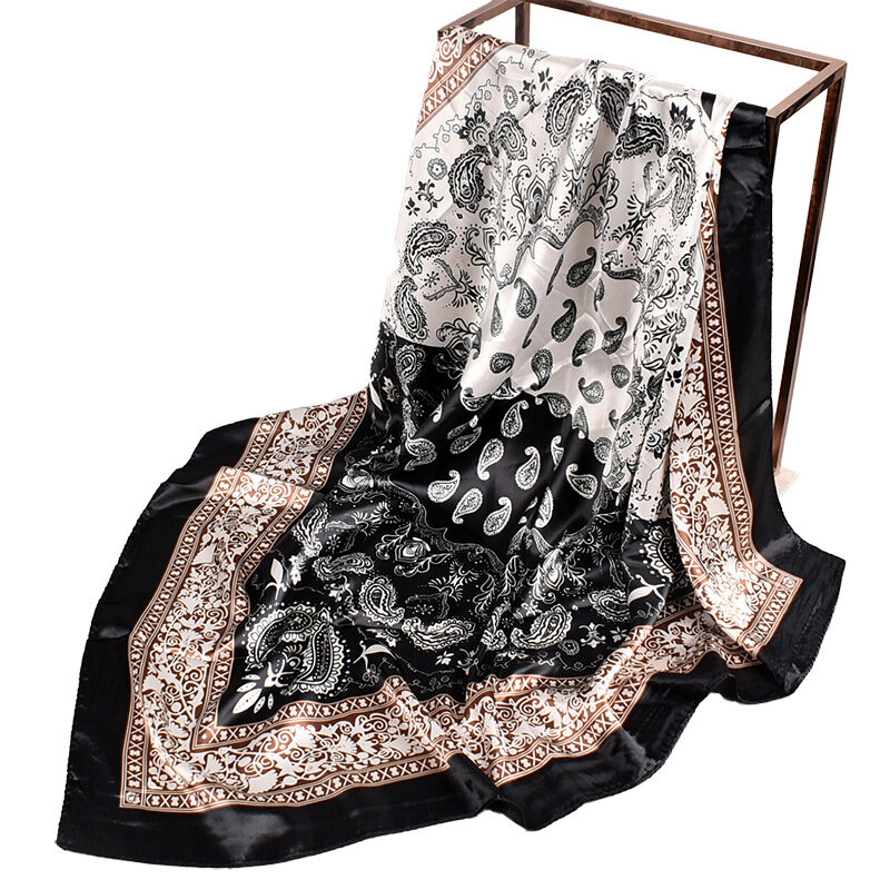 Foulard de luxe en Satin de soie pour femme, carré de 90*90cm, châles de plage Hijab et enveloppe, imprimé fleur de cajou bicolore