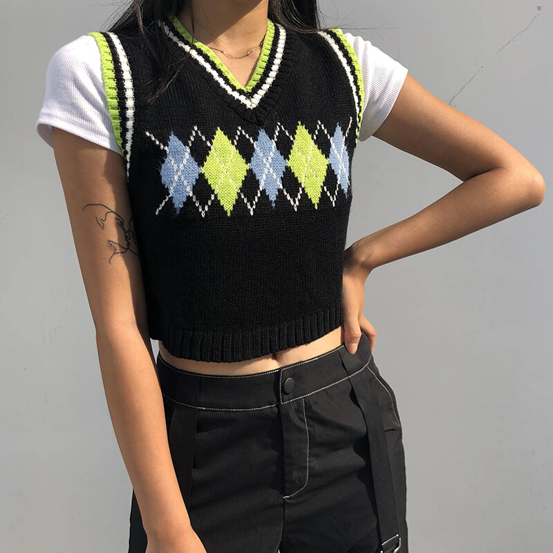 2021 koreanische Stil V-ausschnitt Vintage Geometrische Argyle Kurze Weste Pullover Tops Pullover Weste Herbst Frauen Sexy Strick Weste
