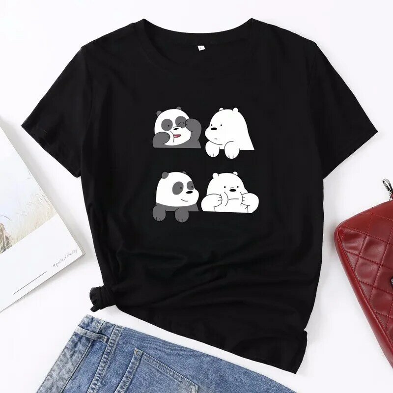 T-shirt manches courtes femme noir, estival et mignon, avec dessin animé ours Panda imprimé, 3XL