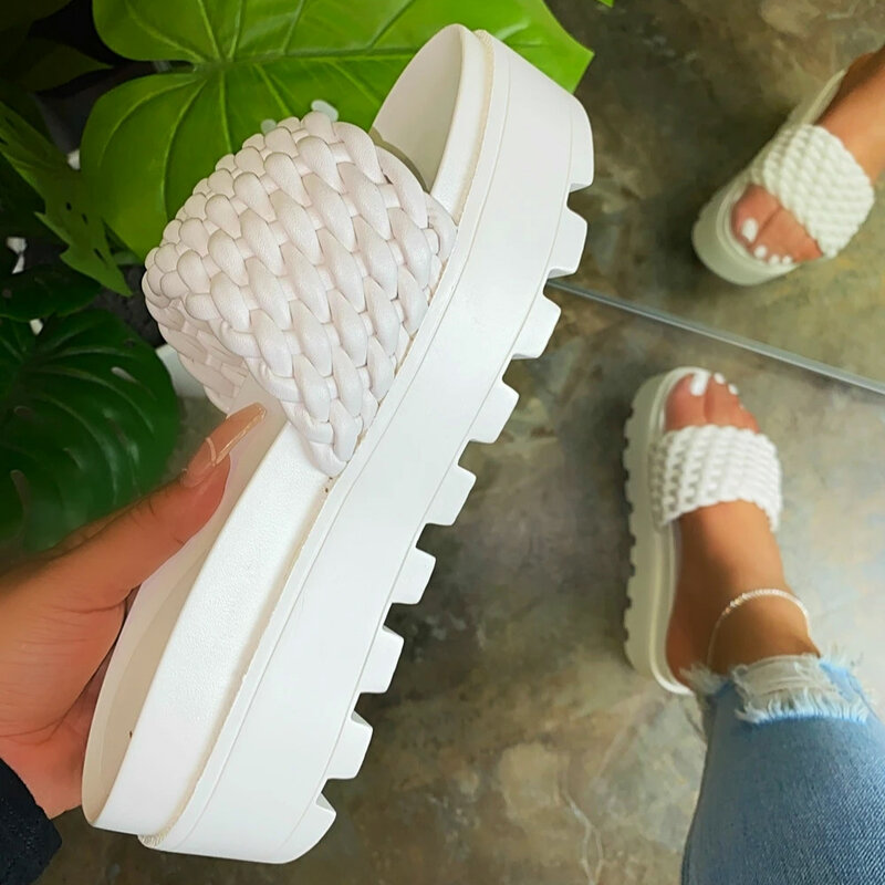 Sandalias de suela gruesa para mujer, zapatos planos tejidos de Color sólido para interiores, Color rosa, novedad de verano, 2021