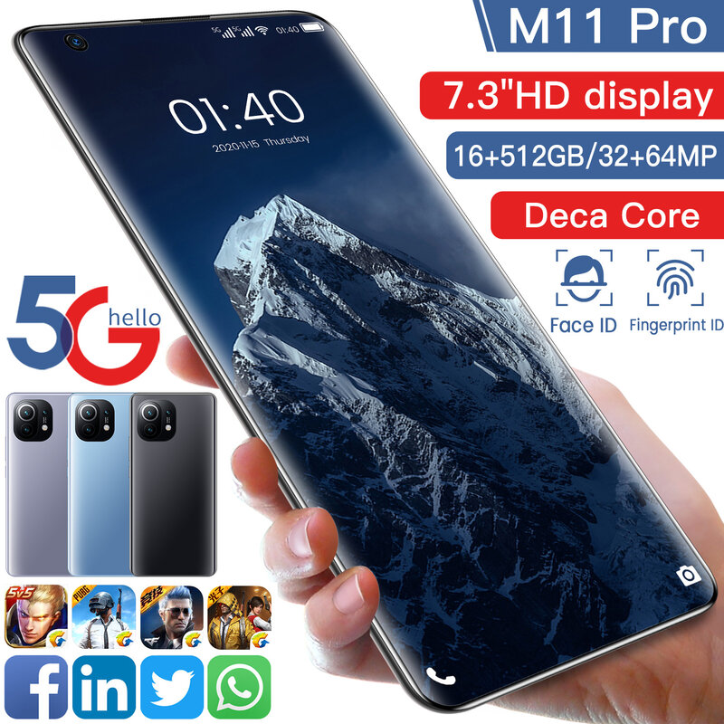 Nieuwe M11 Pro Global Versie Smartphone 5G 7.3 Inch Mobiel Snapdragon 888 16G 512G 32MP 64MP Camera gezicht Id Mobiele Telefoon