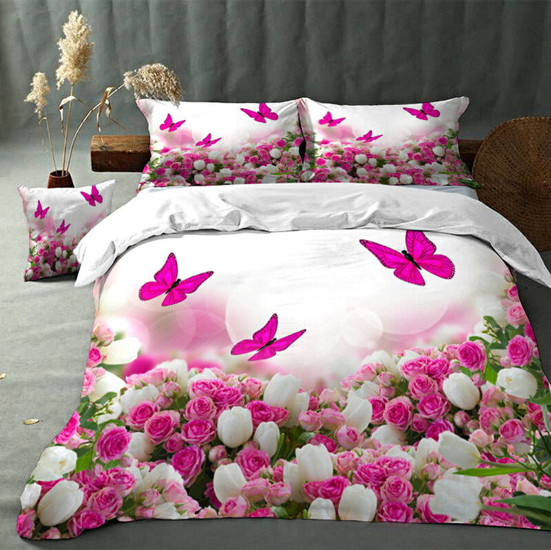 Bright Flowers Butterfly Comfortable Health Digital Design Custom Patterns Bedding Brushed Cloth Cover Quilt Single Queen King