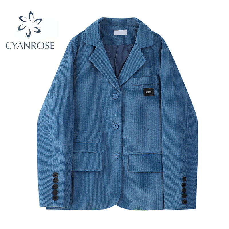 Damski płaszcz żakiet Vintage 2021 Fashion jednorzędowy luźny sztruks z długim rękawem kieszenie damskie niebieskie kurtki odzież wierzchnia elegancki Top
