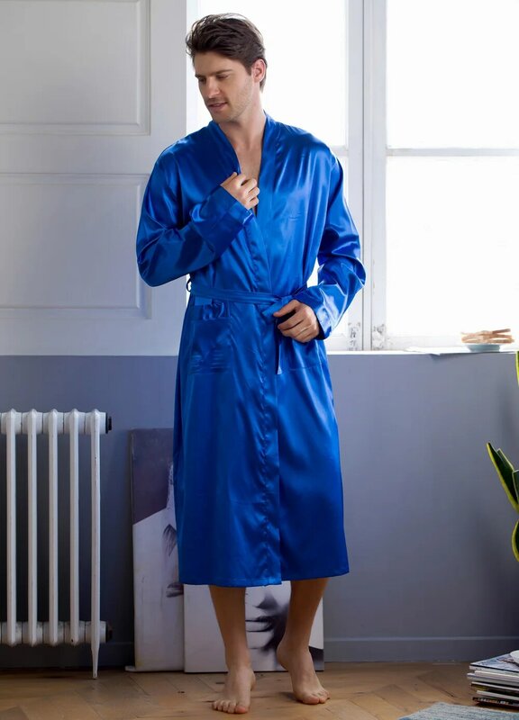 กลางความยาวเสื้อสเวตเตอร์ถักผ้าไหม Robe Solid M-3xl ขนาดใหญ่ชุดนอน Neck เสื้อคลุมอาบน้ำสำหรับ Home กิโมโน...