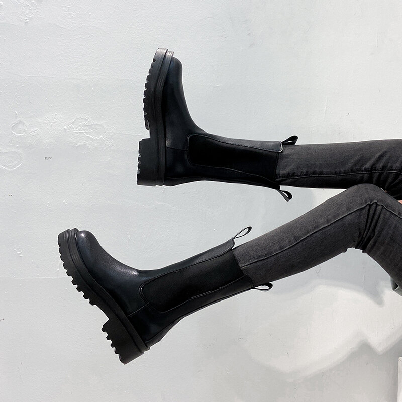 Botas elásticas para mujer, botines con tacón de plataforma y punta redonda, de tubo medio, chesis, novedad, Otoño, 2021