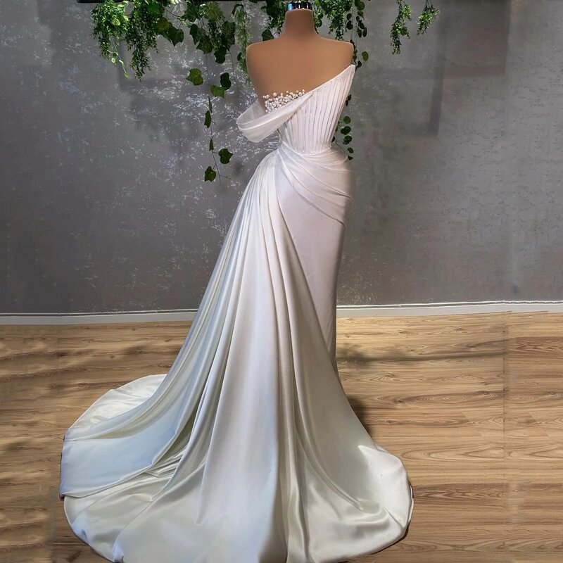 Weiß Charming Elegante Meerjungfrau Prom Kleider Perlen Mit Langen Zug Frauen Formale Hochzeit Kleider Plus Größe Nach Maß