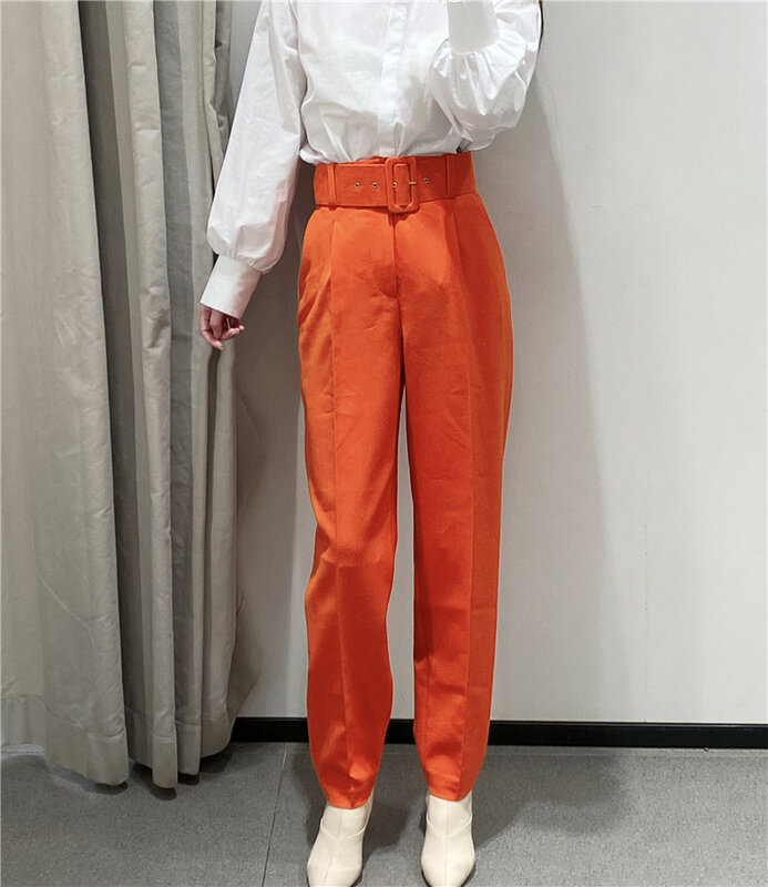 뜨거운 판매 여성 캔디 컬러 바지 보라색 오렌지 베이지 색 세련된 비즈니스 바지 여성 가짜 지퍼 pantalones mujer 바지 P616
