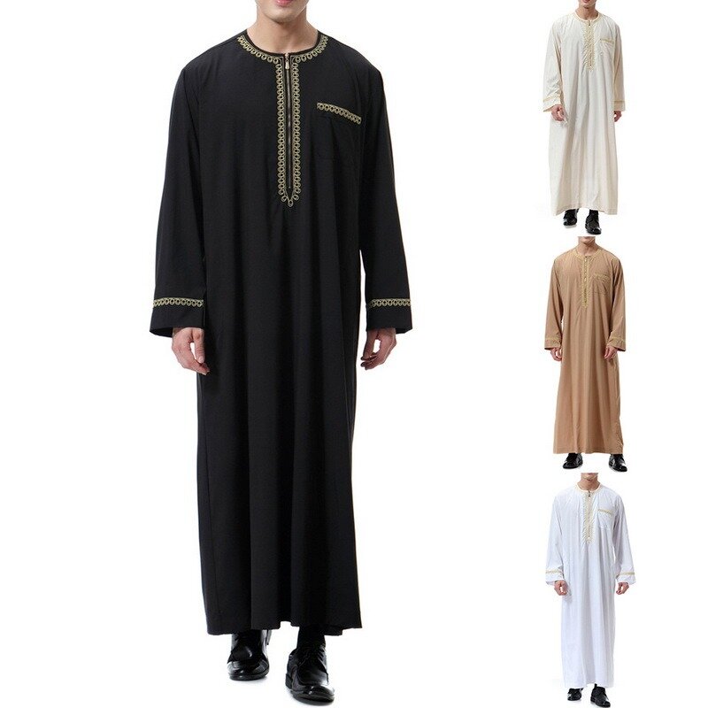 Muçulmano árabe médio oriente masculino impresso zip em torno do pescoço robe cor sólida longo comprimento topos em torno do zíper casual solto camisa masculina