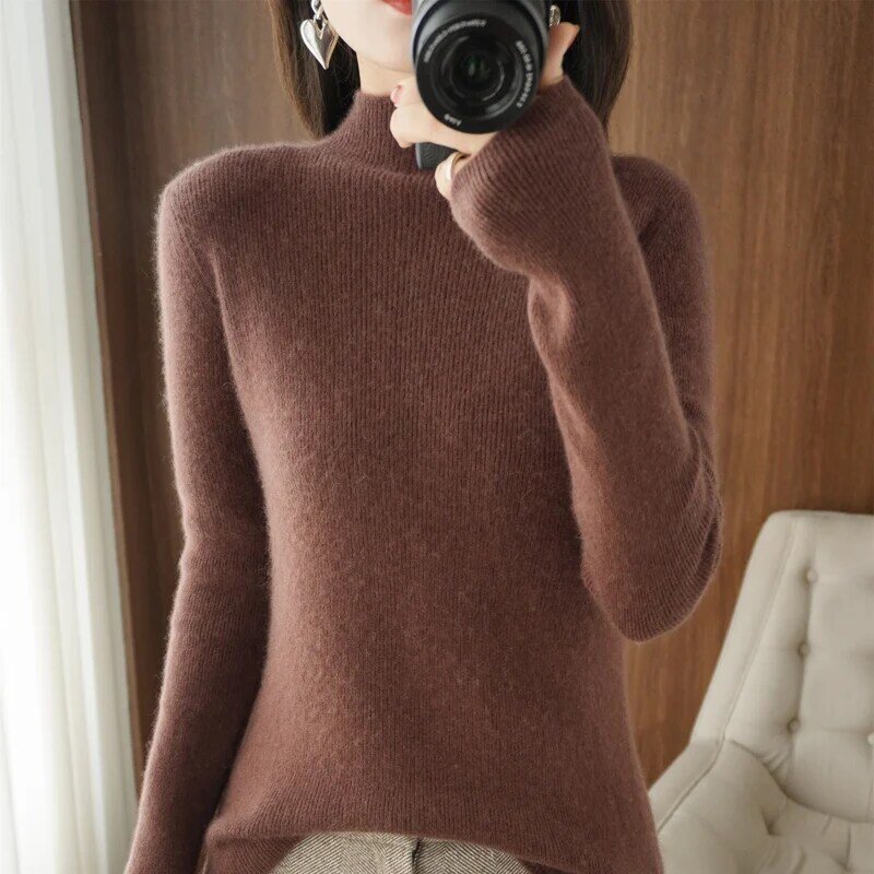 Sweter 2021 jesień zima nowa kobieta pół-na szyję stałe kolorowy pulower proste d³ugo z długim rękawem Slim odchudzanie wełny długa koszula