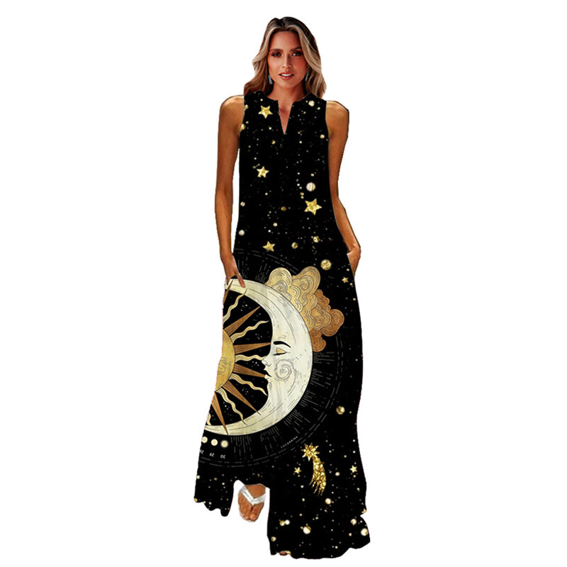 MOVOKAKA Spring Summer Black Dress Sleeveless Beach Casual Holiday Butterfly Print Dresses Woman Elegant Loose Long Dress Party