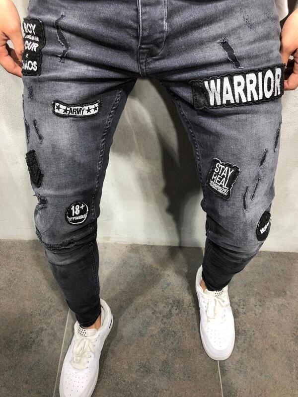 Herren Abzeichen Patchwork Loch Dünne Vintage Jeans Mode Zerrissene Dünne Denim Hosen Für Männer 2020 Herbst Neue Männliche Hip-Hop jean Hosen