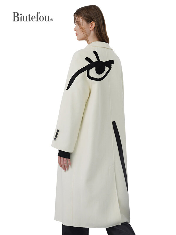 Bibiutefou】design original 2022 inverno mulher longa arte abstrata bordado dois lados casaco de caxemira