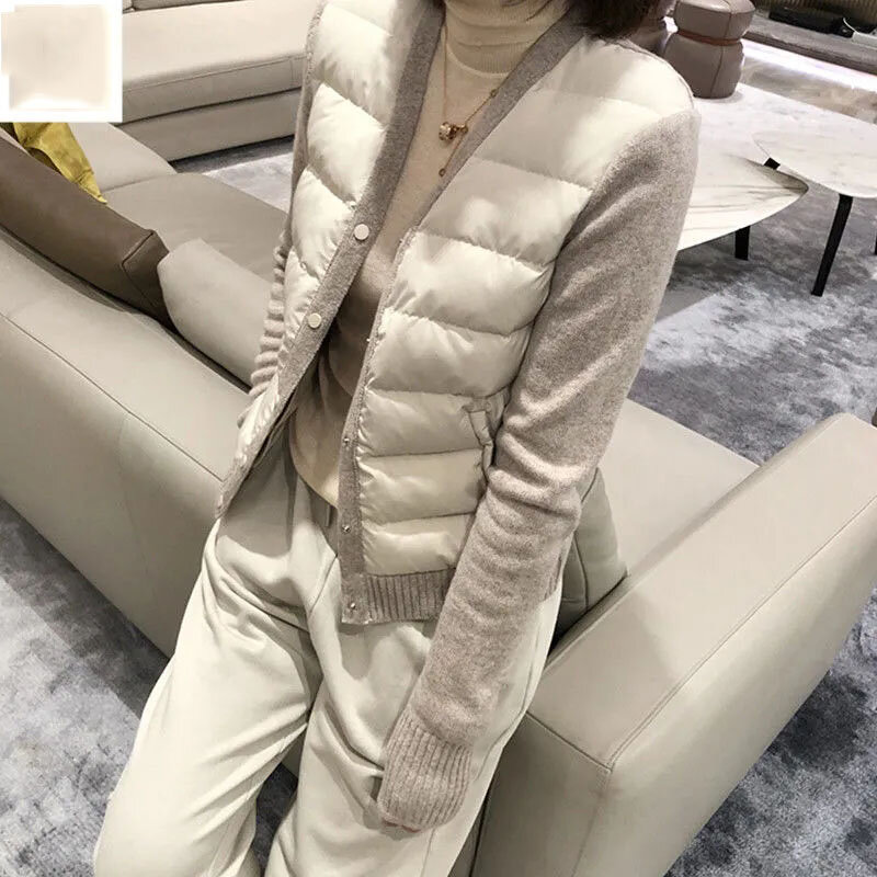 2023 moda feminina outerwear outono inverno jaqueta retalhos malha algodão acolchoado casaco parka elegante magro com decote em v das mulheres jaquetas