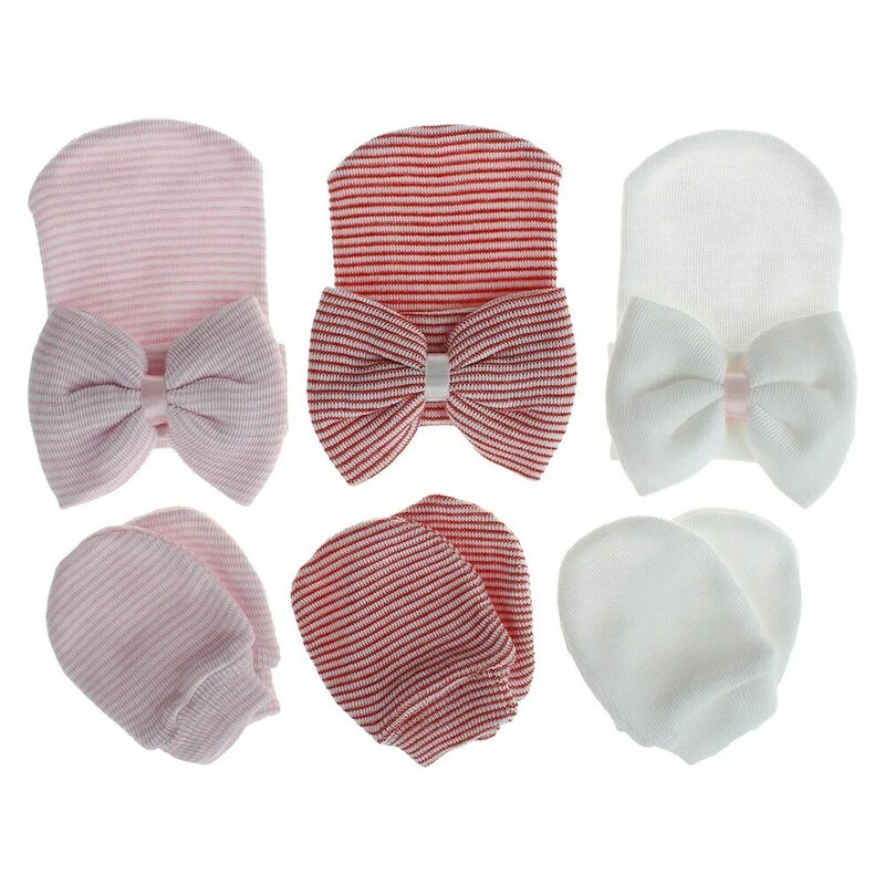 Infant Fashion Knitting Striped Warm Hat and Gloves Two Piece Set Cute Crochet Bows Baby Caps Kids Headwear Clothing Decoration
