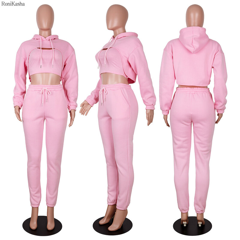 Ronikasha Sweatsuits for Women 3 Piece Set Hoodie + Crop Tank Top and Pants Joggers Suit Fleece Tracksuit Outfits Matching Set