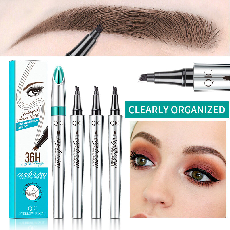 Waterproof Liquid Eyebrow Pencil Sweatproof 4-tip Brown Eyebrow Pen Natural Texture Last-Long Eye Makeup Cosmetics Tool