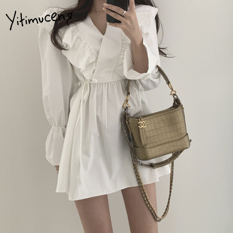 Yitimuceng sukienki z falbankami dla kobiet wysoka talia-line brązowy biały czarny 2021 wiosna lato koreański moda nowa elegancka sukienka