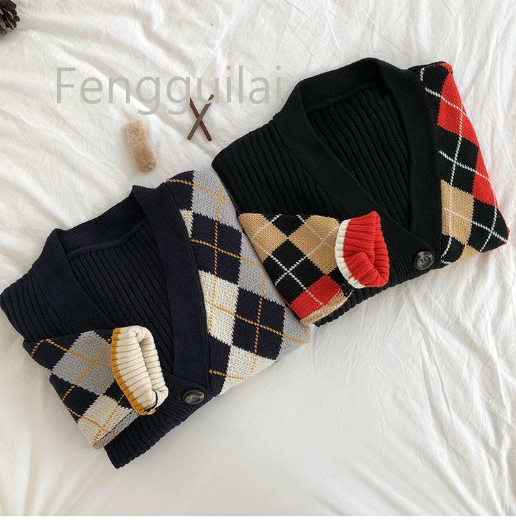 FENGGUILAI INS Hot Women Knitted Cardigans Stylish 3 Colors  Spring Winter  Autumn V Neck Color Patchwork Plaid Sweater