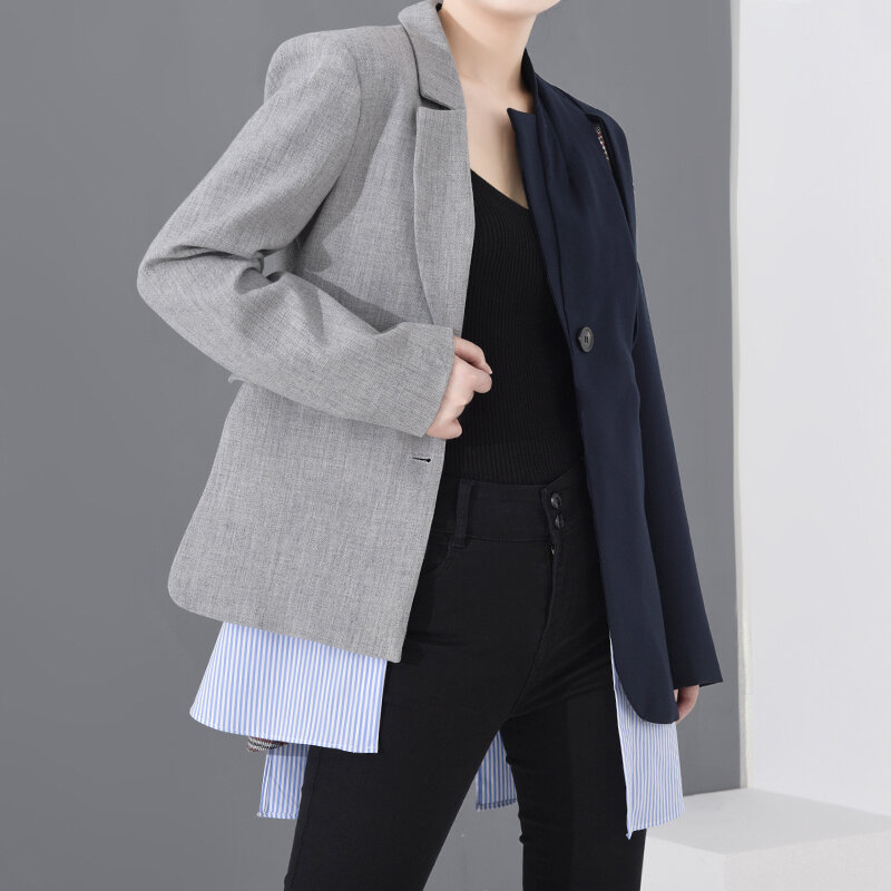 [Eam] feminino azul xadrez assimétrico tamanho grande blazer nova lapela manga longa solto ajuste jaqueta moda primavera outono 2022 1n90102