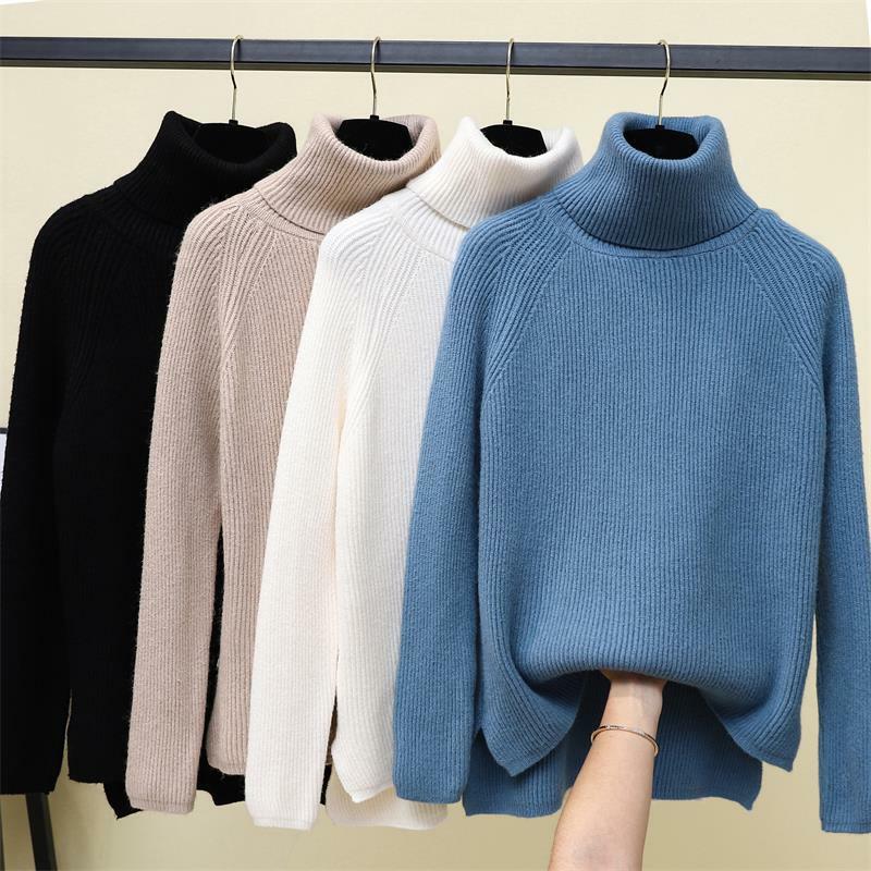 Jersey de cuello alto para mujer, suéter de punto grueso de Color sólido, suelto, de manga larga, estilo coreano, moda de otoño e invierno, 2021