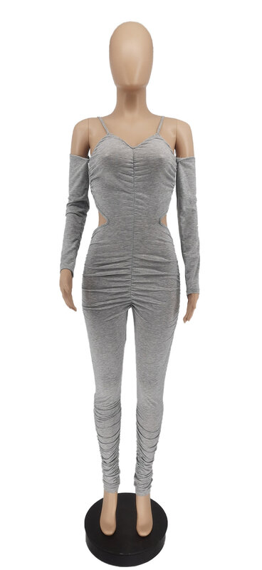 Women's Gray Folds Jumpsuit Fitness Casual Sporty Bodycon Rompers Skinny Elastic Ladies Long Bodysuits 2021 Female Overall