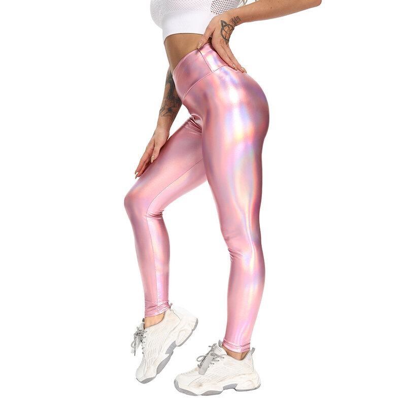 Leggings de Yoga taille haute pour femmes, pantalons de gymnastique en cuir Laser, collants de sport extensibles, Push-Up, de Fitness et d'entraînement