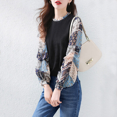 2021 autumn new female Korean version printed stitching sweater fake two-piece puff sleeve top tide   Casual  Solid  Polyester